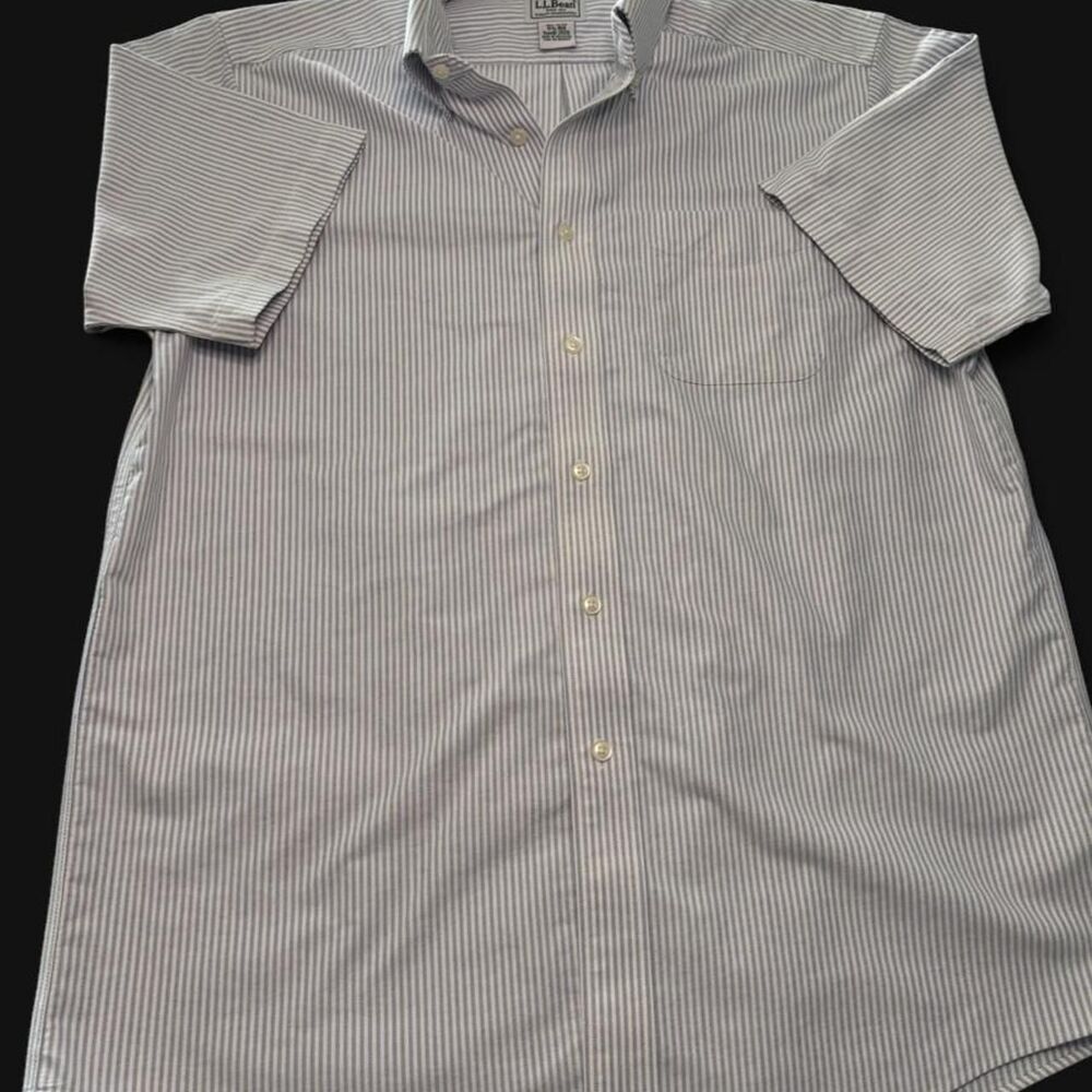 L.L.Bean Traditional Fit 15½-34 Blue White Stripe Short Sleeve Button-Up Shirt